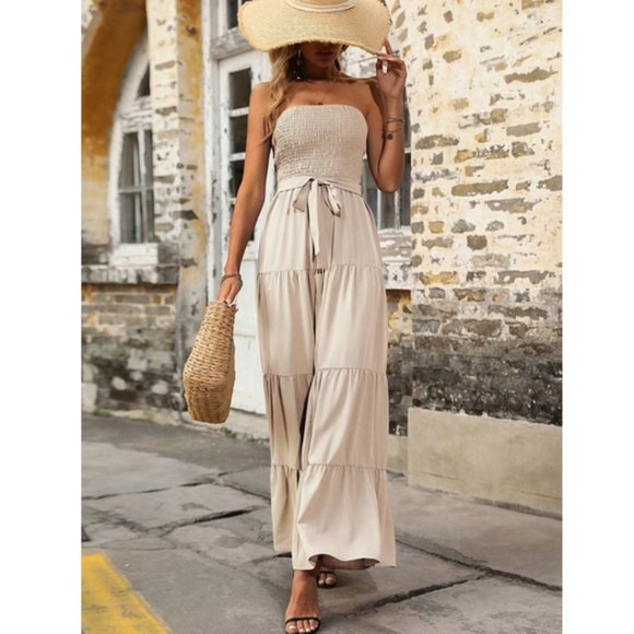 Boho Ruffle Hem Belted Tube Jumpsuit - Picture 2 of 9